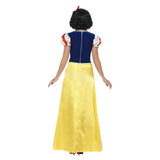 Rear view of Snow White-inspired costume showing full-length yellow skirt and blue upper bodice detailing.
