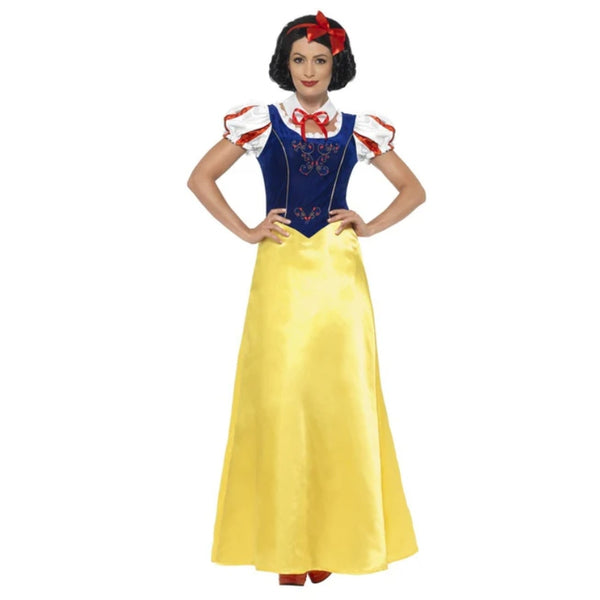 Princess Snow Adult Costume featuring a blue bodice, yellow skirt, puffed sleeves, and red satin bow headband, perfect for fairytale-themed events.