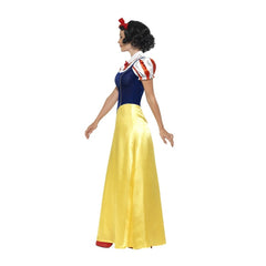 Princess Snow Adult Costume featuring a blue bodice, yellow skirt, puffed sleeves, and red satin bow headband, perfect for fairytale-themed events.
