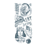 Close up of Tinsley FX Temp Tattoo Kit - Prison, skeleton, evil clown, bullets.