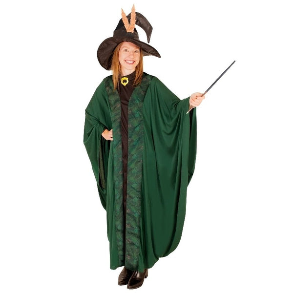 Professor McGonagall robe for adults, olive green, textured patter down the front, wide trumpet sleeves.