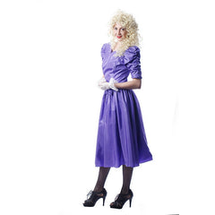 Prom dress hire, purple knee length satin dress with puffy sleeeves and wig.