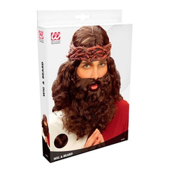 Brown wavy prophet wig with full beard for religious and medieval costumes
