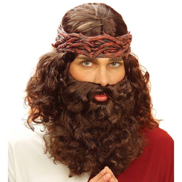 Brown wavy prophet wig with full beard for religious and medieval costumes
