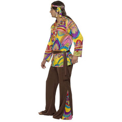 Psychedelic Hippie Man Costume, colourful 60s print shirt, brown flares with matching insert and headband and brown sash.