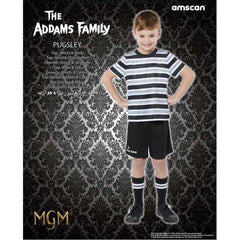 Pugsley Addams Family Costume Child, dark shorts with logo and stripe shirt and socks.