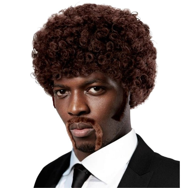 brown afro wig moustache sideburns 70s costume