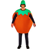 Person wearing a pumpkin costume with a green top on a white background