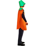 Person wearing a green hood and orange cape on a white background