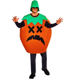 Person wearing a Halloween costume with a pumpkin design on a white background