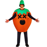 Person wearing a Halloween costume with an orange pumpkin design on a white background