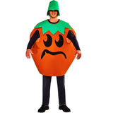 Person wearing a pumpkin costume with a green top on a white background