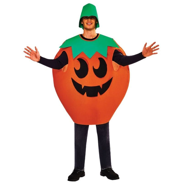 Person wearing a pumpkin costume with a green top on a white background