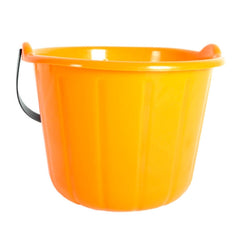 Classic orange plastic pumpkin basket featuring a carved jack-o'-lantern face, perfect for kids to collect candy on Halloween.