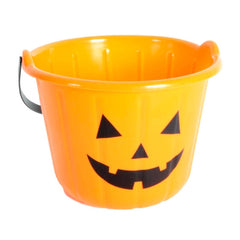 Classic orange plastic pumpkin basket featuring a carved jack-o'-lantern face, perfect for kids to collect candy on Halloween.