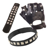Punk accessory set with glove, choker, and wrist cuff. Perfect for 70s, 80s, and rock costumes.