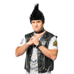Adult punk costume with black vest, choker and rock style accessories