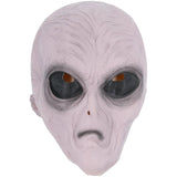 Gray alien mask with large eyes and a small nose on a white background