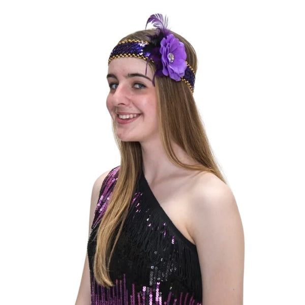 Purple Flower Flapper Headband, stretch sequin with gold edge, feature flower and small feathers.