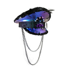 Purple Pearlized Festival Visor embellished with pearls, feathers and long chin chains.