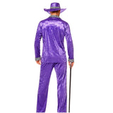Rear view of purple pimp suit costume showing matching jacket, trousers and wide-brim hat