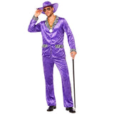 Adult wearing purple 70s and 80s pimp suit with matching hat, cane and retro styling