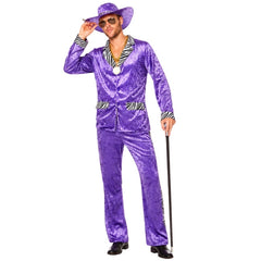Men's purple pimp suit costume with zebra print trim, matching hat and gold chain