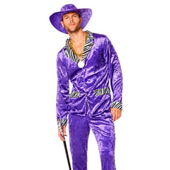 Men's purple pimp suit costume with zebra print trim, matching hat and gold chain
