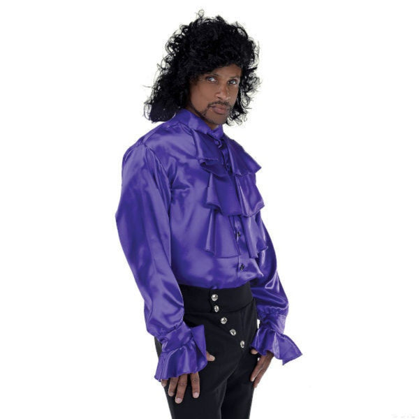 Purple pop star shirt with attached jabot and frilly cuffs, perfect for 1970's and 1980's.