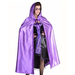 Purple satin hooded cape costume accessory with ribbon ties