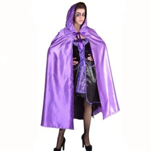 Purple Satin Hooded Cape, 105 cm from shoulder to hem and ties with ribbons.