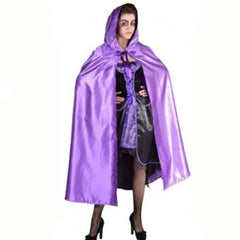 Purple Satin Hooded Cape, 105 cm from shoulder to hem and ties with ribbons.