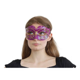 Woman wearing a purple and gold mask 