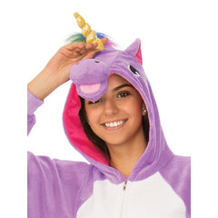 Purple Unicorn Hooded Onesie Costume - Adult, plush jumpsuit with attached hood and tail.