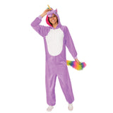 Purple Unicorn Hooded Onesie Costume - Adult, plush jumpsuit with attached hood and tail.