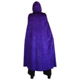 Back view of purple velvet hooded cape adult on female