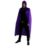 Purple velvet hooded cape adult on male model – front view
