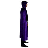 Purple velvet hooded cape with tie closure on male – side view