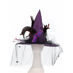 Purple Witch Hat Feathers & Netting, elorbately decorated with ribbon roses, lots of cock feathers and netteing with small spiders.
