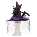 Purple witch hat with feathers and spider decorations on a white background