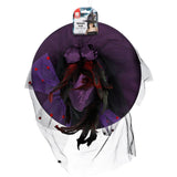 Purple witch hat with black feathers and red accents on a white background