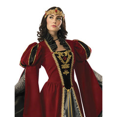 Queen Anne Medieval Dress - Hire, long red velvet dress with chain mail sleeves, gold embroidery and silver panel insert.
