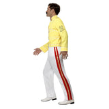 Queen freddie mercury costume, iconic costume from 1980's includes yellow jacket and white pants.