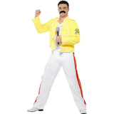 Queen freddie mercury costume, yellow jacket with queen logo on sleeve, buckles to close the front and white pants with stripe down the side.