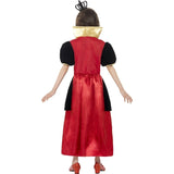 Back view of queen of hearts costume with high collar and puffy sleeves