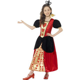 Child wearing a Queen of Hearts costume with heart-print dress and crown for Alice in Wonderland and Book Week.