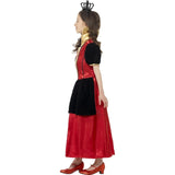 Side view of child queen of hearts costume showing peplin at the front and crown