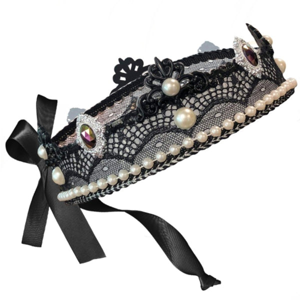 Queen of the damned crown in black lace embellished with pearls and diamante and ties at the back/