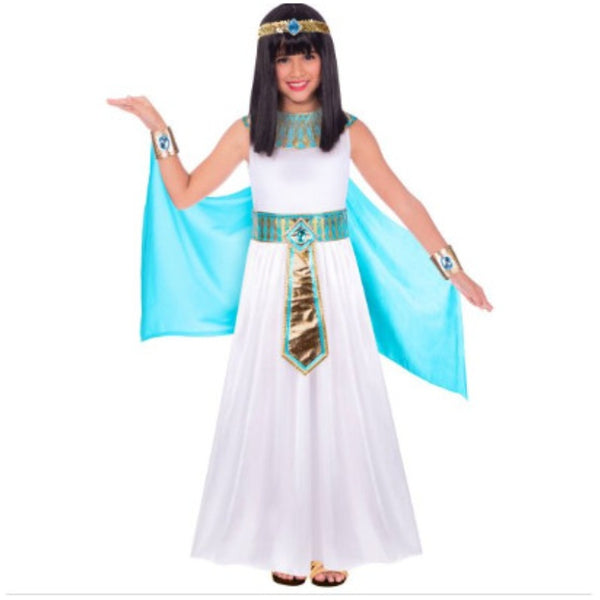 Queen of the Nile Child Costume, long white dress with collar, belt, cape and headdress.