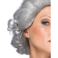 Short grey queen wig with waves and combed fringe, styled like Queen Elizabeth